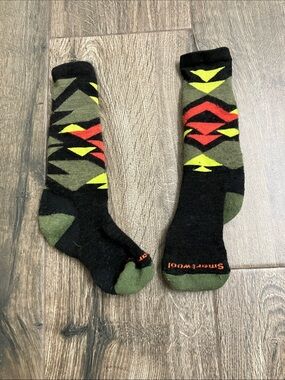 Smartwool Kid’s Olive, Black, Red & Neon Yellow Geometric Crew Socks